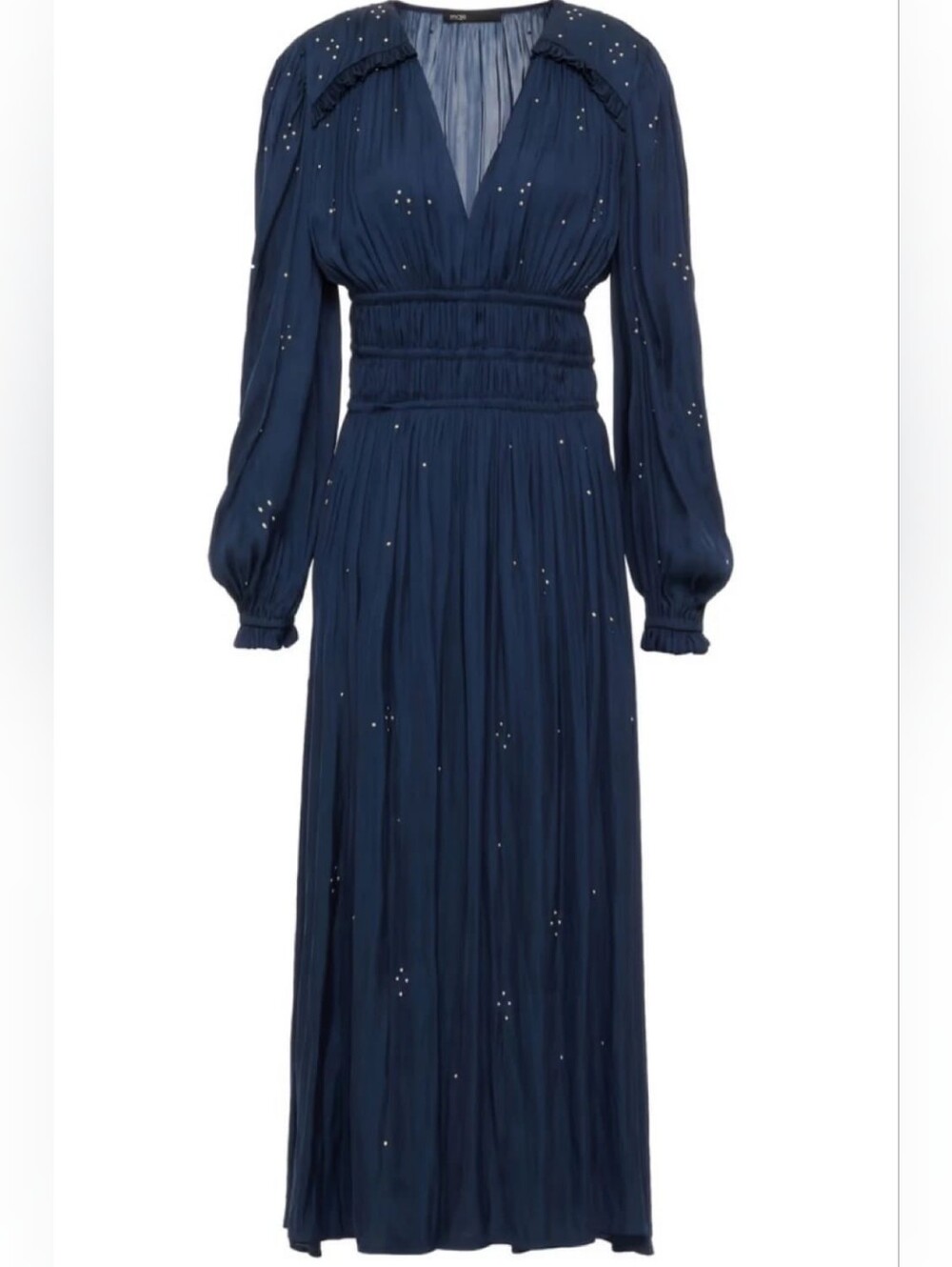 Maje Ruffle-Trimmed Studded Charmeuse Midi Dress